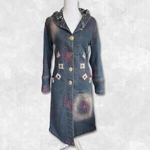 Rare Vintage French Denim Embroidered Hooded Duster Jacket Size M/L